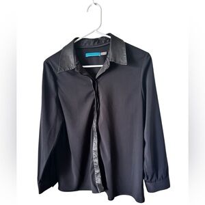 Alice + Olivia Black Long Sleeve Button Down Blouse Leather Collar sz M